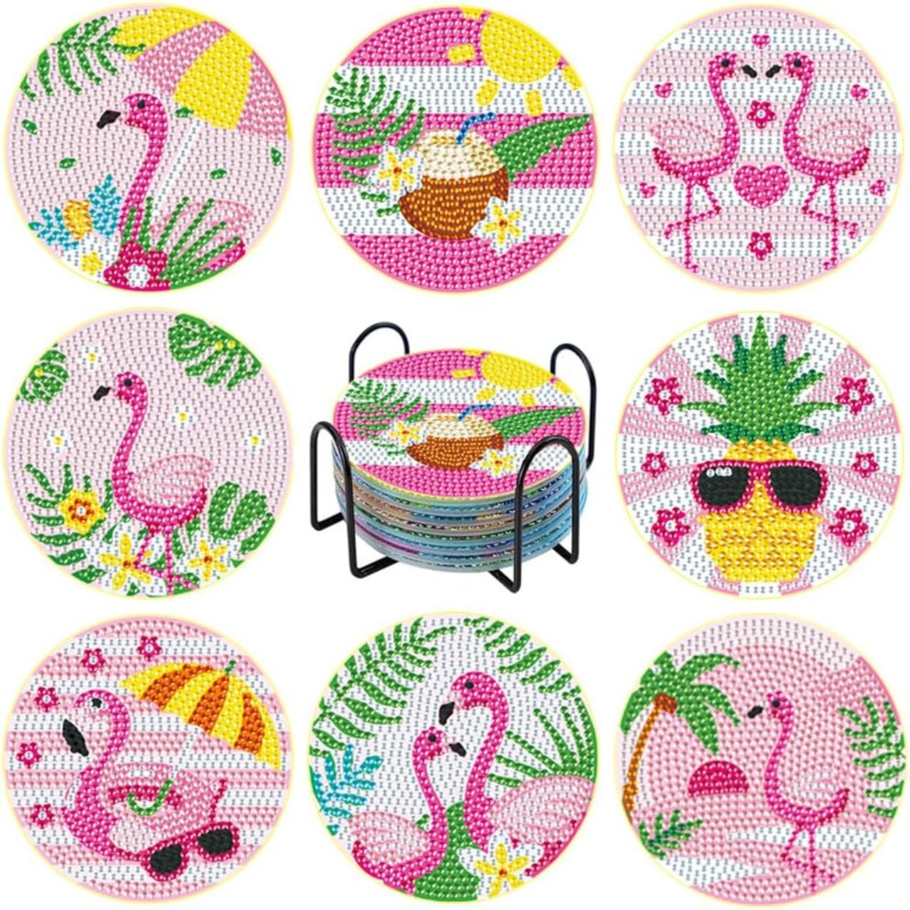 8pcs DIY Diamond Art Coasters Kit – Full Drill Flamingo Paint-by-Number Coasters with Holder